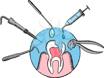 Teeth and dentistry medicine elements with a tooth being targeted by dental tools, drill, mirror, an injection and pliers