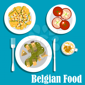 Belgian cuisine flat icons with warm salad with fried potatoes, bacon and asparagus, fresh tomatoes stuffed shrimps with mayonnaise, eel in a spicy green sauce and cup of hot chocolate with cream