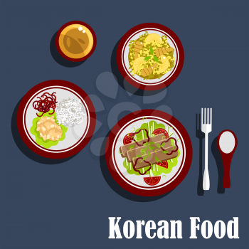 Fresh dinner of korean cuisine with grilled meat, served with tomatoes, bell peppers and herbs, fried rice with shrimps and pineapples, meatballs with red bell peppers and cup of tea