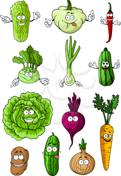 Happy healthy cartoon fresh vegetables with cabbage, carrot, onion, chilli pepper, potato, cucumber, beet, zucchini, green onion, chinese cabbage, kohlrabi and pattypan squash characters