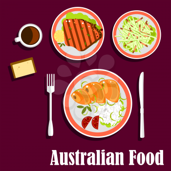 National australian dishes with salmon, served with rice, fresh tomatoes and green onion, grilled lamb steak with lemon, fresh vegetables salad, wheat bread and cup of strong coffee
