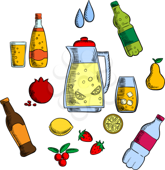 Beverages, alcohol and drinks icons set with juice and beer, tea and soda, cocktail and mineral water, berries and fruits