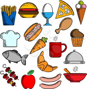 Food and drinks flat icons set with pizza, sausages, burger, coffee cup, cake, chicken and egg, ice cream hot dog french fries, apple, fish, carrot croissant barbecue, soup and chef hat, tray 