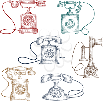 Vintage corded phones sketches in engraving style with colorful telephones. Communication or contact us themes design