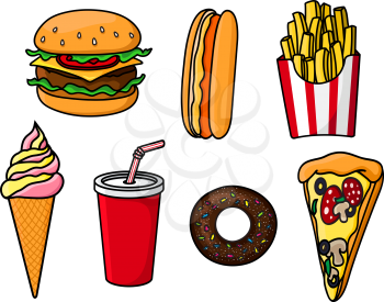 Cheeseburger with beef, cheese and vegetables, slice of pepperoni pizza, hot dog, sweet soda paper cup, french fries in striped box, chocolate donut topped with sprinkles and ice cream cone. Fast food