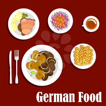 Popular national german cuisine menu dishes with fried liver served with baked apples, schnitzel with gravy and boiled potatoes, red cabbage salad with grated carrots and cup of tea with walnut cakes