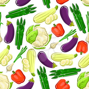 Red bell pepper and eggplant, green onion and zucchini, asparagus and cauliflower vegetables seamless pattern.  For vegetarian food, recipe book and cooking themes design