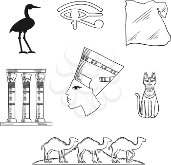 Ancient Egypt sketch icons with queen Nefertiti, cat goddess and sacred heron Bennu, eye of horus symbol and temple columns, map, caravan of camels and Giza pyramids. Travel and culture theme design