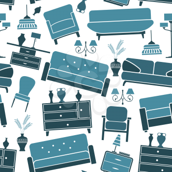 Retro home interior furniture and accessories seamless pattern with blue couches, bedside tables and chests of drawers with vases and lamps randomly scattered over white background
