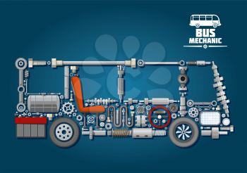 Mechanical parts arranged in a shape of a bus with crankshafts and fuel tank, battery and steering wheel, cylinder and wheels, discs and speedometer, axles, seat and headlight. Bus mechanics design