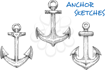 Vintage marine anchors sketch icons for navy heraldic symbol, yacht club emblem, nautical travel or vacation theme design