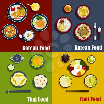 Thai and spicy korean cuisine dishes with carrot salad, shrimps with fried rice, prawn soup and vegetable pies, grilled beef on sticks, coconut puddings and sauces 
