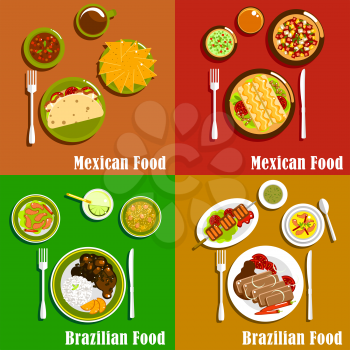 Mexican and brazilian cuisine with tacos and nachos, enchiladas and salsa sauce, meat and bean stew, pumpkin creamy soup and spicy chilli shrimps, grilled beef, fresh vegetables and various drinks