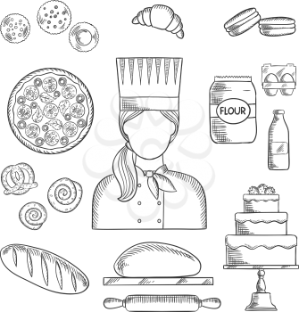 Baker profession icons with bread and cake, pizza and macarons, croissant and cupcakes, cookies and pretzel, cinnamon rolls and dough with rolling pin, milk and flour, eggs and baker in chef uniform