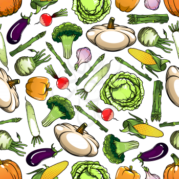 Seamless pattern of wholesome cabbages and broccoli, corn cobs and eggplants, bell peppers and garlic, pumpkins and kohlrabi, asparagus and radishes, daikon and  pattypan squashes vegetables on white 