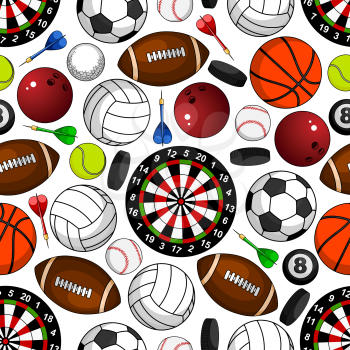 Sport items seamless pattern on white background with soccer and american football, basketball and baseball, volleyball and tennis, bowling and billiards balls, hockey pucks, darts arrows and target b