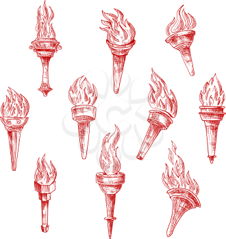 Red sketches of ancient greek flaming torches with luminous flames. Isolated objects for victory symbol, sport competition or history and religion theme design