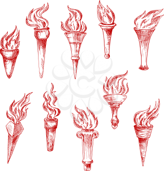 Old handheld and wall red flaming torches isolated sketch icons with bright fire flames. Vintage engraving torchlights for sport, history, peace concept design usage