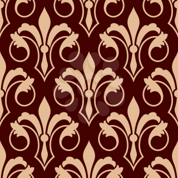 Medieval stylized floral compositions of royal french fleur-de-lis beige seamless pattern on maroon background. Monarchy heraldry, coat of arms backdrop or history theme design usage