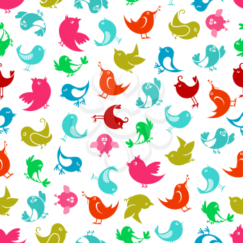 Bright colorful birds seamless pattern with silhouettes of funny birdies over white background. Nice for childish wallpaper, nature theme or scrapbook page backdrop design usage