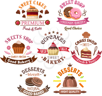 Awesome chocolate and fruity desserts, framed by ribbon banners and candies for pastry, bakery and sweet shop design with fresh and tasty cupcakes, cakes, donuts, pudding and sandwich biscuits with fr