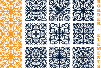 Ornamental floral design elements for border, frame or page decoration design usage with openwork flourish motif of flowers and leafy branches
