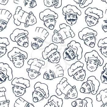 Chefs and bakers pattern with seamless gray sketches of happy smiling cooks in chef hats on white background. May be use as kitchen interior or textile print design