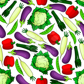 Wholesome organic fresh vegetables seamless pattern for agriculture harvest or vegetarian food design with glossy violet eggplants, sweet peas, red bell peppers, bunches of asparagus, ripe cauliflower
