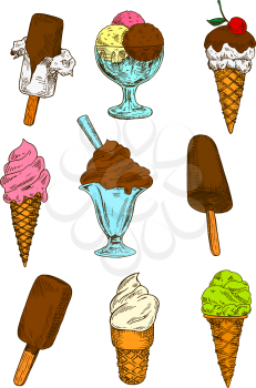 Scrumptious chocolate, strawberry, vanilla and pistachio ice cream cones, sundae and sticks. Retro colored sketches of delicious cold desserts for cafe or kitchen interior design