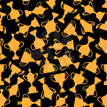 Golden awards seamless pattern on black background with gold trophy cups on high stands with decorative lids and figured handles. Use as winner awarding or achievement backdrop design