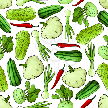 Bright spring vegetables seamless pattern with green onions, striped zucchini, chinese cabbages, red chilli peppers, kohlrabi and pattypan squashes over white background. Use for agriculture, vegetari