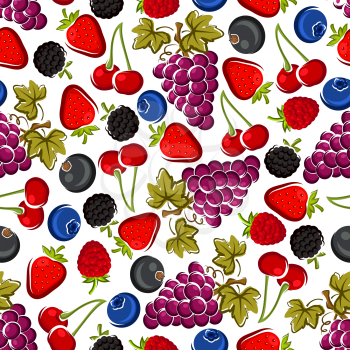 Juicy red cherries, strawberries and raspberries, blackberries and bunches of purple grapes with leaves, blueberries and blackcurrants fruits seamless pattern over white background. Recipe book flylea