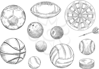 Sporting items for individual and team sporting games isolated sketches with balls for soccer or football, volleyball and basketball, rugby and baseball, golf and tennis, bowling and billiards, dart b