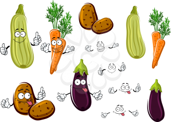 Healthful cartoon purple eggplant, orange carrots with curly leaves, brown potatoes and striped green zucchini vegetables characters. Use as organic farming, healthy nutrition themes or kids menu desi