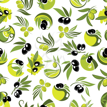 Olive tree branches with black and green olive fruits and jugs of organic olive oil seamless pattern over white background, decorated by floral swirls. Use as agriculture harvest theme or mediterranea