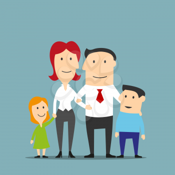 Happy cartoon family business couple are posing with two cute kids. Family portrait of smiling father and mother, little daughter and son. Family, love, parenthood and marriage themes design usage