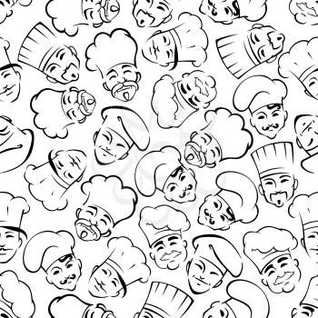 Smiling chefs in uniform toques seamless pattern. For restaurant interior or scrapbook page backdrop design usage with black sketches of moustached cooks and bakers over white background