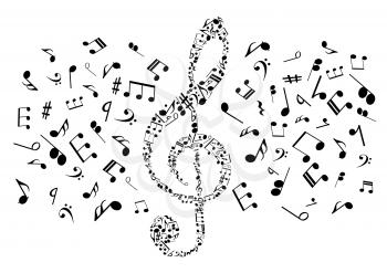 Flowing musical notes arranged into treble clef symbol for music and art concept design with black silhouettes of notes and rests, bass clefs and chords