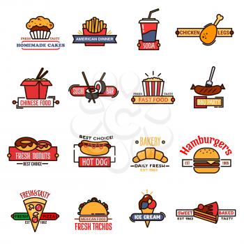 Fast food cafe, bakery shop and sushi bar thin line symbols with burger and hot dog, pizza and soda, french fries and grilled sausage, chicken leg and taco, sushi rolls and noodles, cakes and ice crea