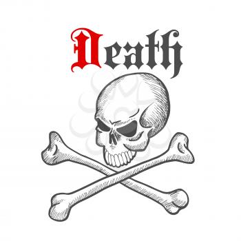 Spooky skull with crossbones sketch drawing with caption Death in vintage roman style. Great for piracy mascot, Jolly Roger symbol or tattoo design usage  