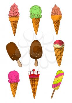Chocolate covered ice cream on sticks, rainbow popsicle, soft serve and scoops of strawberry and vanilla, chocolate and pistachio ice cream cones topped with jam and fruits. Colored sketches for delic