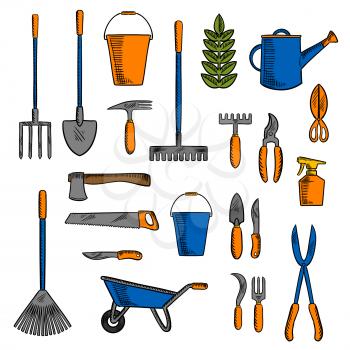 Gardening instruments for loosening the earth, pruning and watering plants sketch icons with shovel, rakes and spading fork, axe and saw, trowel and forks, pruning knives and shears, wheelbarrow and b