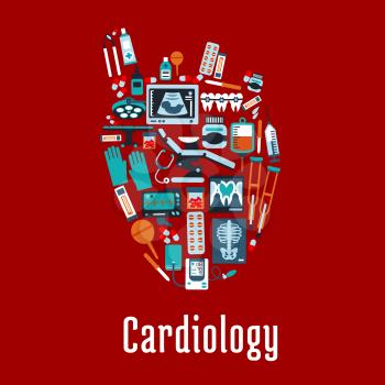 Cardiology health care symbol of heart silhouette with pills and syringes, medicine bottles and stethoscope, operation table and blood bag, ecg and blood pressure monitors, x ray and ultrasound scans,