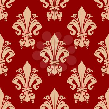Seamless vintage fleur-de-lis pattern of beige florid victorian ornaments with decorative leaves and tendrils on red background. May be use as upholstery textile or wallpaper design