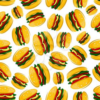 Cartoon background of traditional american barbecue hamburgers with seamless pattern of grilled burger patties with fresh green leaves of lettuce, tomato and onion rings on bun topped with sesame seed