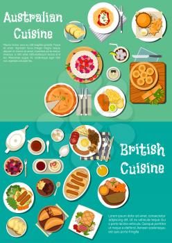 British and australian meat pies icon with full english breakfast and cod roe sandwich, sausages, hamburgers and fries, beef in pastry crust and dumplings, lamb stew and kangaroo steak, pavlova cake, 