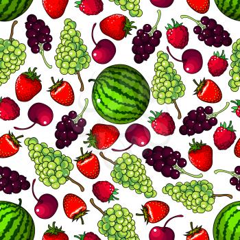 Juicy sweet green grapes and striped watermelons, red strawberries and raspberries, cherries and blackcurrants fruits seamless pattern on white background. Organic farming and gardening theme design