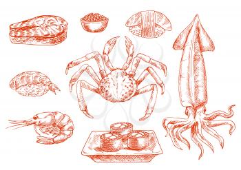 Sketch of raw seafood cuisine. Crab with claws and squid with tentacles, shrimp and salmon dish, rolls on board and sushi with rice, organic caviar or roe