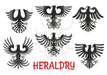 Black eagles heraldic birds of prey with raised and outstretched wings with pointed upward feathers. Coat of arms and heraldic emblem design