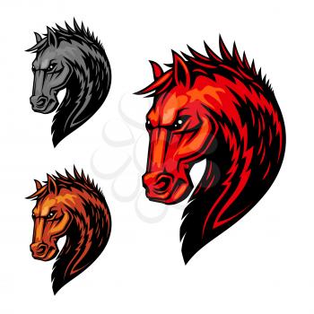 Flaming horse head symbol of dreadful stallion with orange fur and mane with pattern of fire flames. Equestrian sport competition, mascot or t-shirt print design